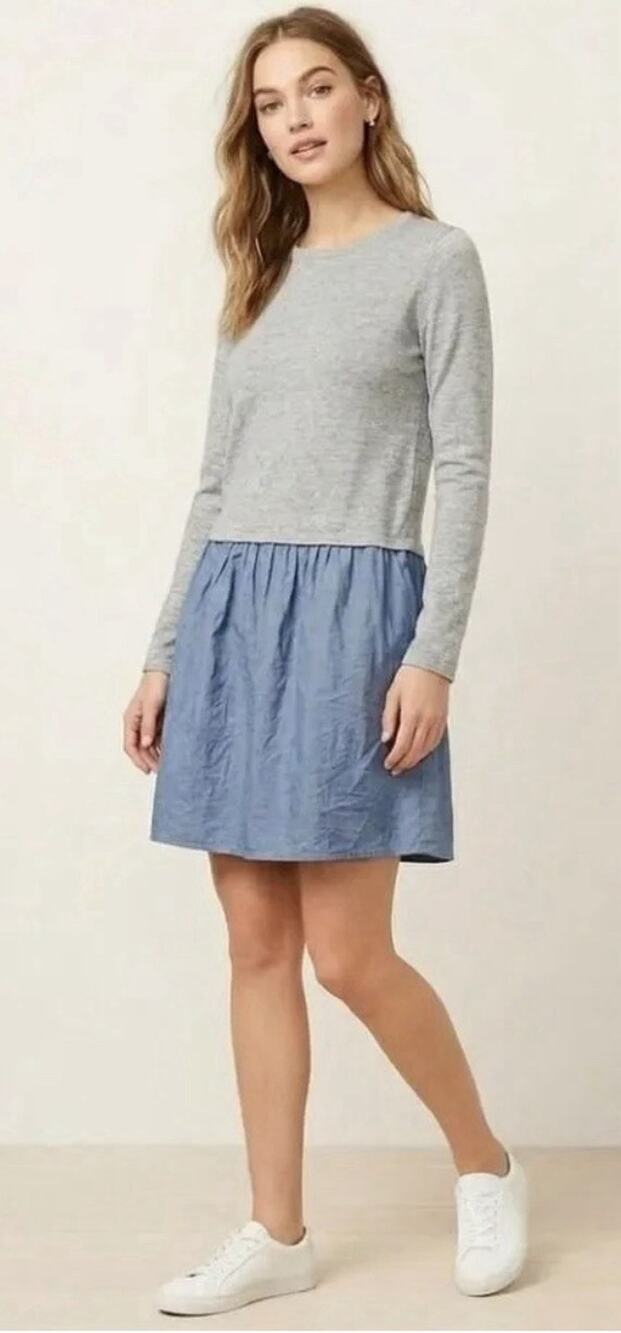J.Crew Factory Drop Waist Dress Grey Knit Top Blue Chambray Skirt Bottom Small